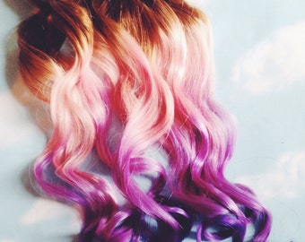 May include: Long, wavy hair extensions with a gradient of colors, starting with brown at the top, fading to pink, and ending with purple at the bottom.