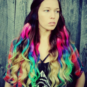 Neon Dream Clip In Hair Extensions, Ombre Hair, Tie Dye Tips, Hair Wefts, Human Hair Extensions, Hippie hair image 3