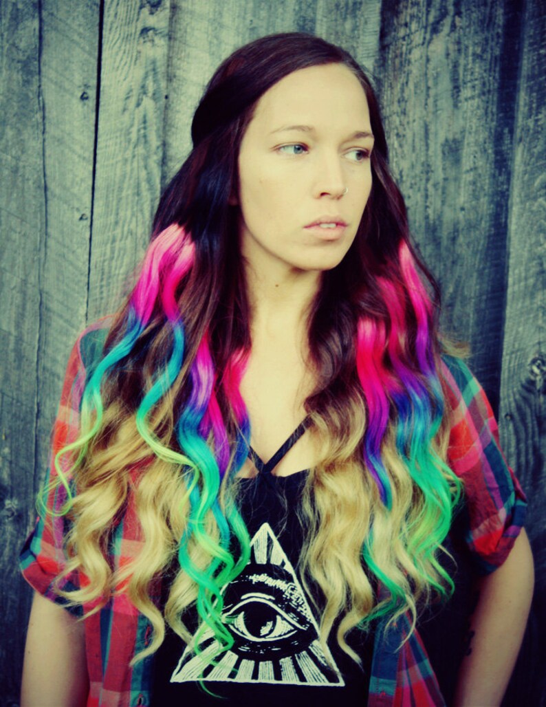 Neon Dream Clip In Hair Extensions, Ombre Hair, Tie Dye Tips, Hair Wefts, Human Hair Extensions, Hippie hair image 3