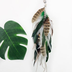 Natural and green feather earrings, hair clip or single earring. Long feather hair accessories, feather jewelry. Green and naturals white