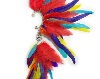 Tropical feather ear cuff with chain extension, hei hei costume, parrot costume, burning man ear cuff, Festival cosplay red feathers