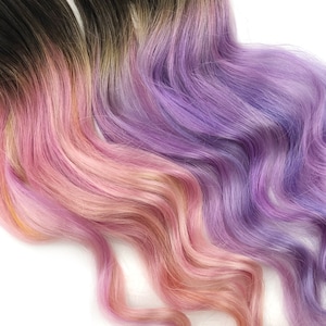 淡い藤色、落ち着いたローズ色のヘアエクステンション、クリップ式のパステルカラーのヘアエクステンション、ラベンダー色のユニコーンマーメイドヘア、ピンクのヘアクリップ、人毛、テープイン