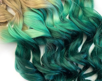 Dark hunter emerald green hair, mint ombré clip in hair extensions, tape in hair, bundles, wefts, green hair, human hair extensions.