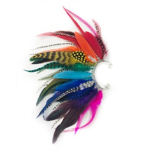 May include: Rainbow feather ear cuff with a silver wire frame. The feathers are arranged in a gradient from red to pink.