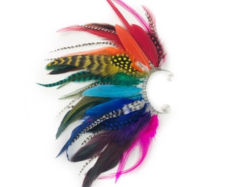 Manguito de oreja de plumas arcoíris hecho a mano, pendiente, disfraz de loro guacamayo, cosplay, colorido, festival, pieza de pelo de plumas del festival del orgullo