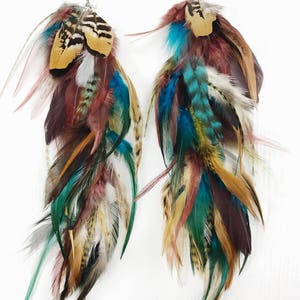 Wild and Free Bohemian Feather Earrings, long feather hair clip, Handmade Extra Long Chain Feather Earring, turquoise and natural feathers