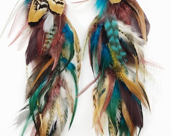 Wild and Free Bohemian Feather Earrings, long feather hair clip, Handmade Extra Long Chain Feather Earring, turquoise and natural feathers