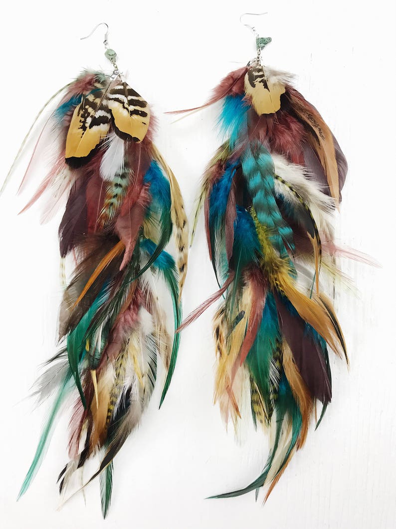 Wild and Free Bohemian Feather Earrings, long feather hair clip, Handmade Extra Long Chain Feather Earring, turquoise and natural feathers 