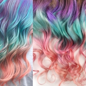 パステルピーチピンクレインボー、クリップインパステルヘアエクステンション、ピンクヘア、ヘアウィーブ、ワイドトラック、オンブルヘアエクステンション、テープインヘア