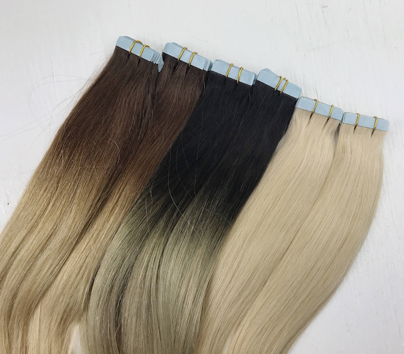 Tape in Human Hair Extensions Natural Ombre Tape Ins Black Etsy