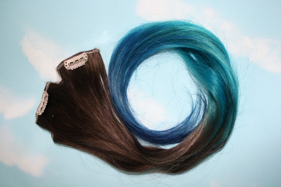 Turquoise Blue Tip Dyed Hair Extensions Dark Brown Black 22 Inches Long Clip In Hair Extensions Hippie Hair Dipped Dyed Hair