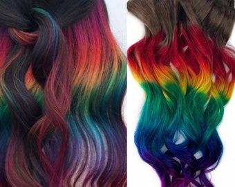 Dark gem tone rainbow clip in hair extensions, gem hair color, dark rainbow hair bundles, dark prism hair clips, tape ins, wefts, gem tones