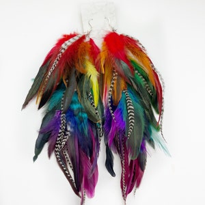 Dark gem classic rainbow feather earrings, pride earrings, long feather colorful rainbow earring, hair clip image 3