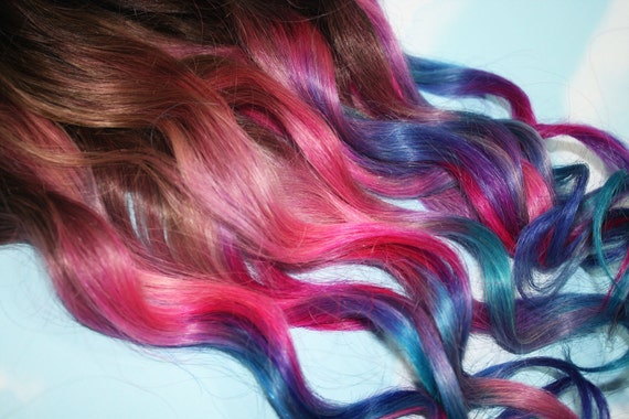 Pastel Tie Dye Tip Extensions Dark Brown Black 22 Inches Long Clip In Hair Extensions Hippie Hair Dip Dyed Tips