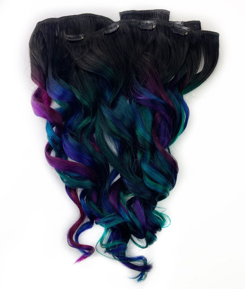 Oil slick hair extensions, oil slick hair color, teal, purple Human Hair Weave, Full Set Bundle, Clip in hair extensions, tape ins, wefts image 4