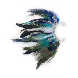 Handmade Feather Ear Cuff, Peacock Feathers, Grizzly Feathers, Blue, Hippie, Bohemian, Tribal, Aztec, Hair Feathers