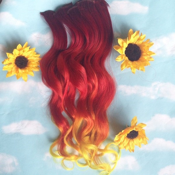 Burning Man Sun Fire Ombre Hair extensions, clip in hair extensions, haarweefsel, mensenhaar, festival, zonnebloemhaar, oranjerood haar