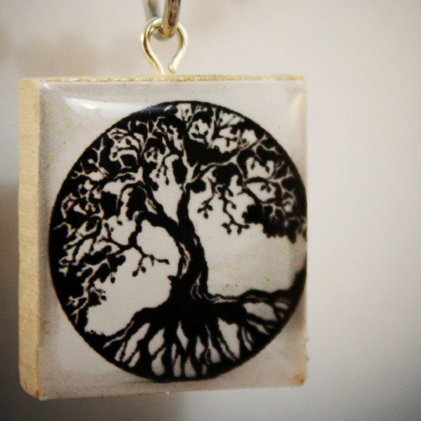 Handmade Tree of Life, Scrabble Pendant, Scrabble Necklace, Celtic, Tree, Blue Sky, Tree Branch, Black, White, Recycled, Eco, Unique Gift,