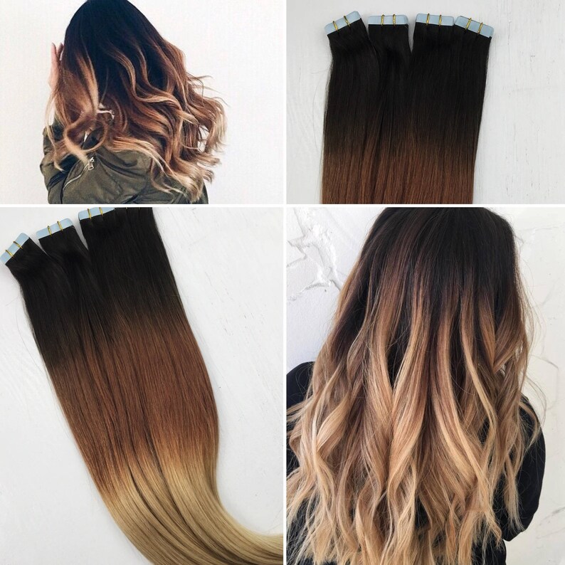 Tape in Human Hair Extensions Natural Ombre Tape Ins Black Etsy