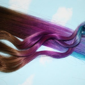 Purple, Blue Tie Dye Tips, Purple & Turquoise, Human Hair Extensions. Colored Hair Extension Clip, Clip in Hair, Dip Dyed Hair Tips image 3