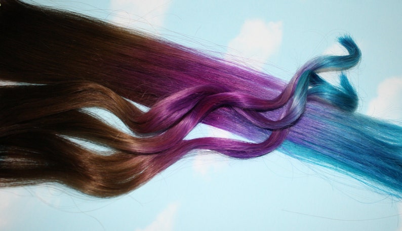 Purple, Blue Tie Dye Tips, Purple & Turquoise, Human Hair Extensions. Colored Hair Extension Clip, Clip in Hair, Dip Dyed Hair Tips image 3