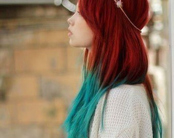 Handmade Mermaid Red Ombre Dip Dyed Hair Extensions, Teal Hair, Turquoise Hair, Teal hair extensions, clip in hair clips