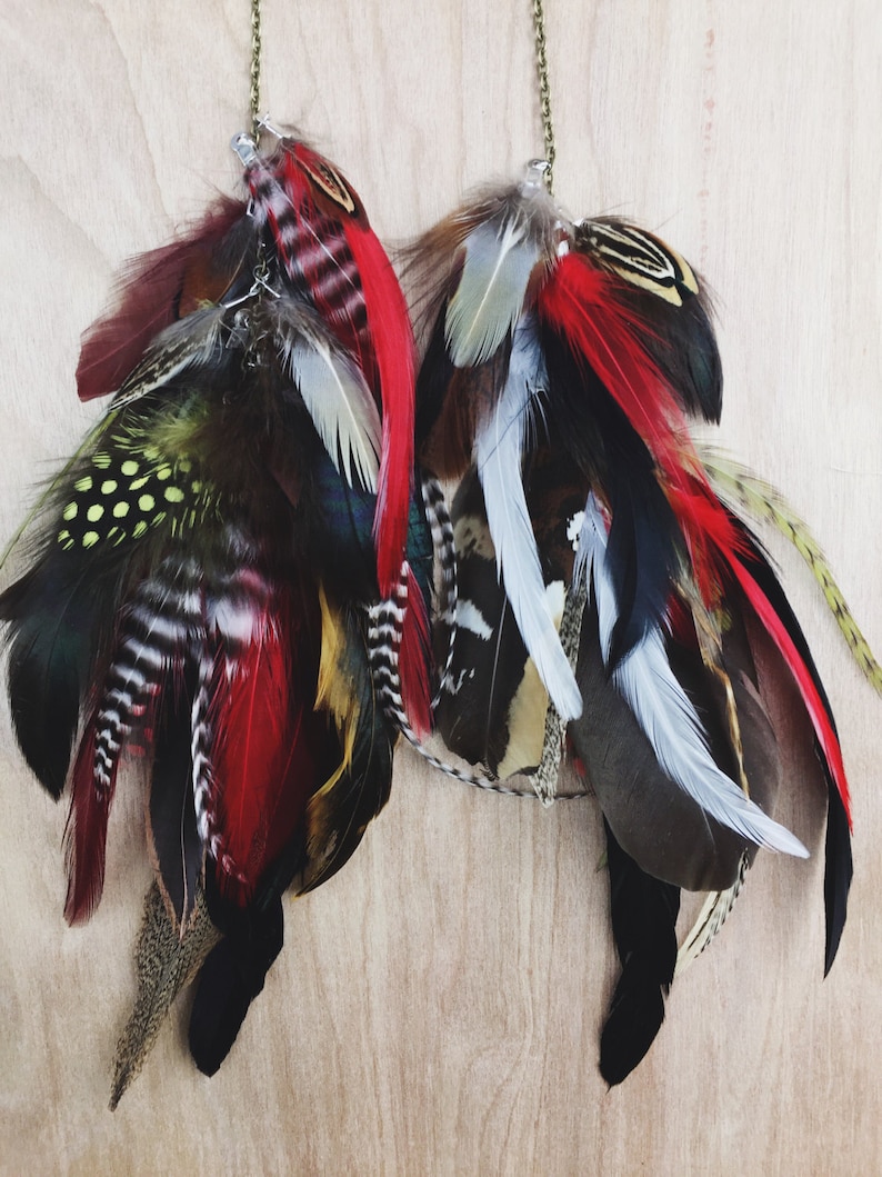 Red long feather earrings, valentines day, festival sexy feather earrings, grizzly earrings, black feathers image 1