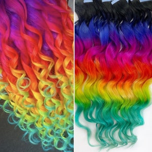 明るいネオンレインボーヘア、クリップインヘアエクステンション、オンブルヘア、タイダイチップ、ヘアウェフト、人毛エクステンション、マーメイドヘア、テープイン