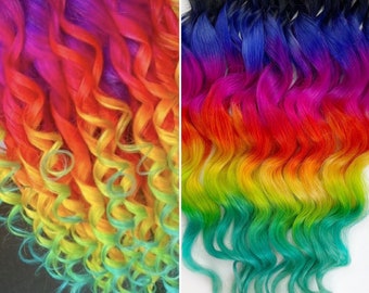 Bright neon rainbow hair, Clip In Hair Extensions, Ombre Hair,  Tie Dye Tips,  Hair Wefts, Human Hair Extensions, mermaid hair, tape ins