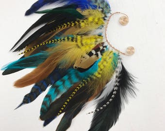 Handmade Ear Cuff, Clip on earring, Bohemian Ear Feathers, Festival Hair Accessory, Macaw parrot costume, festival feather head piece