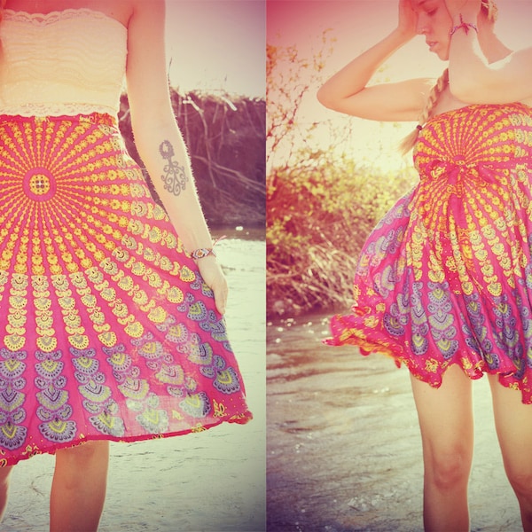 Mini Wrap Skirt, Peacock Hippie Skirt, Cover-Up, Boho, Gypsy, Moon Sunburst, Peacock Print, Skirt, Bohemian, Festival Skirt, Yoga