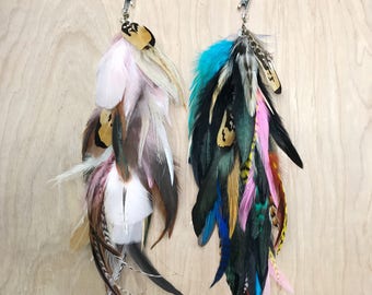 Handmade Natural Extra Long Chain Feather Hair Extension Clip, 12" inches, or Single Feather Earring, Grizzly Feathers
