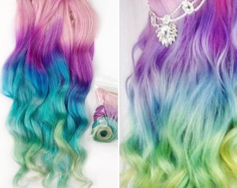 Unicorn Hair extensions, clip in pastel hair extensions, full set unicorn mermaid hair, pink hair clips, human hair,