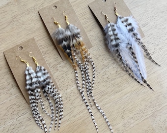 Lightweight small feather earring set, 3-6 inch grizzly feather earrings, ready to ship, bridesmaids gift, lightweight earrings, gold hooks