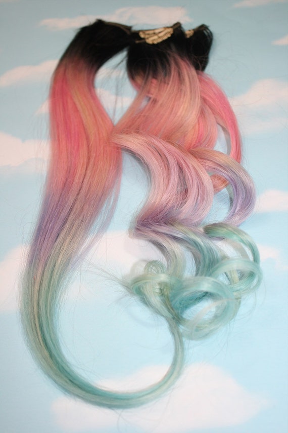 Light Pastel Dip Dyed Hair Clip In Hair Extensions Tie Dye Tips Black Hair Hair Wefts Human Hair Extensions Hippie Hair Pink Hair