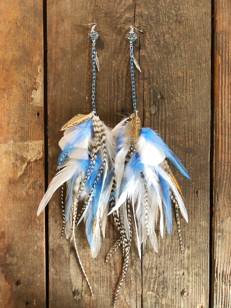 Blue and White Feather Earrings Natural Feather Earrings Etsy