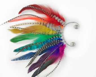 Pendiente de oreja de plumas de arcoíris hecho a mano, plumas de oso, colorido, festival, hippie, bohemio, tribal, azteca