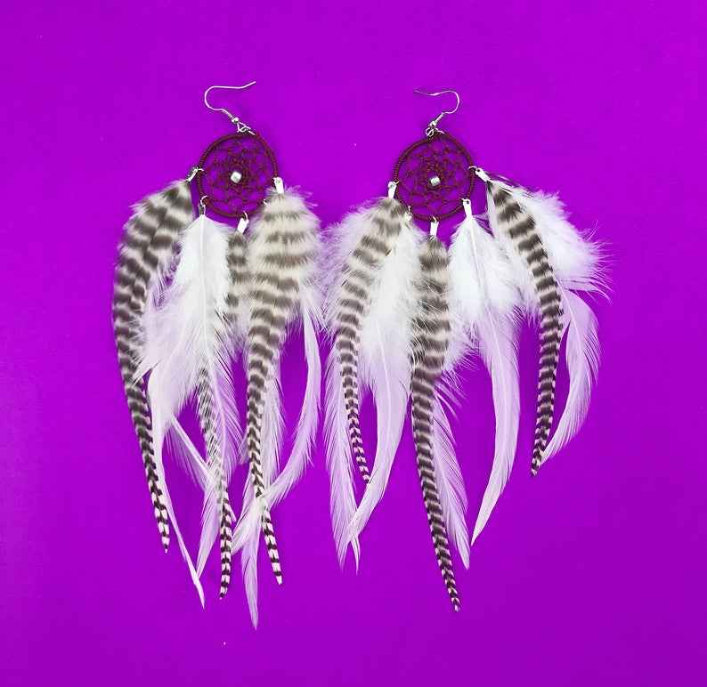 Handmade Dream Catcher Feather Earring Extra Long 8-9 inches, You Choose Feather Symbolism, Grizzly Rooster Hair Feathers image 6