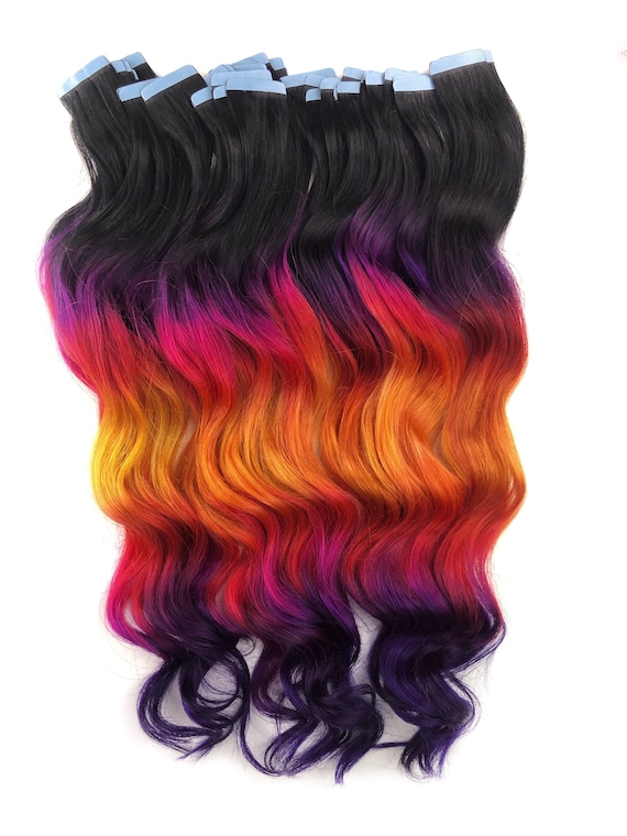 Fall Ombre Hair, Rainbow Dyed Hair, Clip in Hair Extensions, Hair Wefts,  Human Hair Extensions, Bundle, Purple Gold Tape Ins 