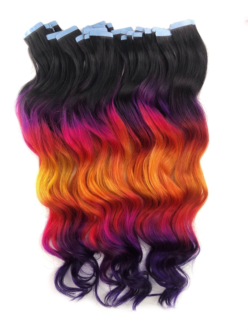 Fall Ombre Hair, Rainbow Dyed Hair, Clip In Hair Extensions, Hair Wefts, Human Hair Extensions, Bundle, purple gold tape ins image 4