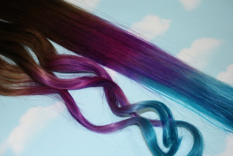 Purple, Blue Tie Dye Tips, Purple & Turquoise, Human Hair Extensions. Colored Hair Extension Clip, Clip in Hair, Dip Dyed Hair Tips image 1