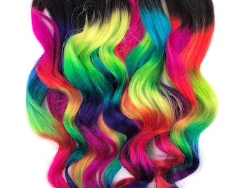 Neon Prism rainbow  Clip In Hair Extensions, Ombre Hair,  Tie Dye Tips,  Hair Wefts, Human Hair Extensions, Hippie hair