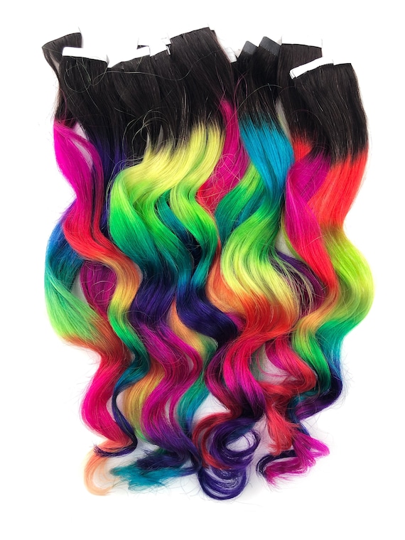 Neon Prism Rainbow Clip in Hair Extensions, Ombre Hair, Tie Dye Tips, Hair  Wefts, Human Hair Extensions, Hippie Hair 
