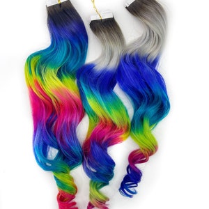 明るいプリズムレインボークリップインヘアエクステンション、オンブルヘア、タイダイチップ、ヘアウェフト、人毛エクステンション、テープインレインボーヘア、バンドル