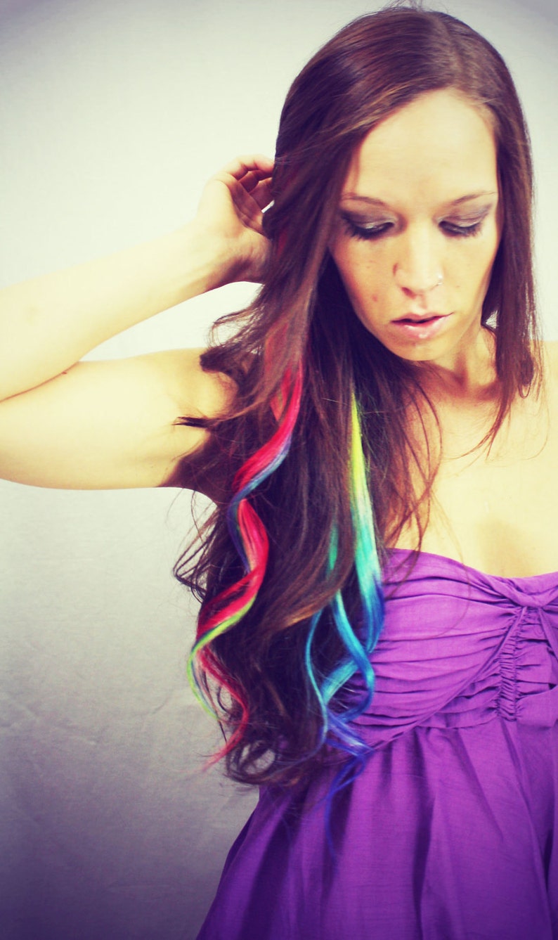 Rainbow Human Hair Extensions. Colored Hair Extension Clip, Hair Wefts, Clip in Hair, Tie Dye Hair Extensions, Dip Dyed Hair image 3