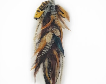Extensión de cabello con plumas de cadena extralarga natural hecha a mano, 12 pulgadas (o pendiente de una sola pluma), color marrón Grizzly Feathers