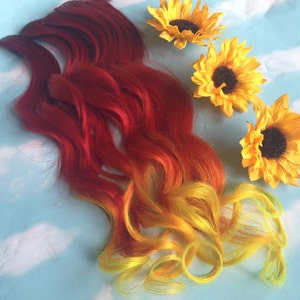 Burning Man Sun Fire Ombre Hair extensions, clip in hair extensions, hair weave, human hair, festival, sunflower hair, orange red hair image 4