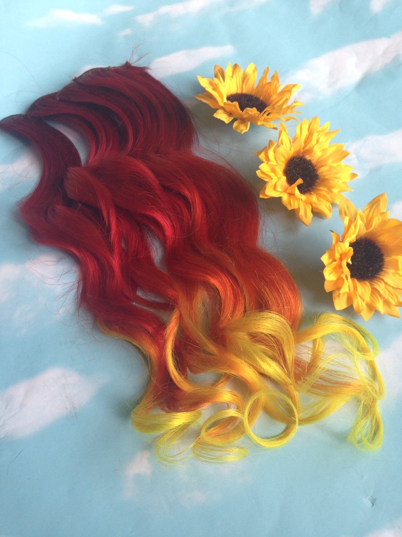 Burning Man Sun Fire Ombre Hair extensions, clip in hair extensions, hair weave, human hair, festival, sunflower hair, orange red hair image 4