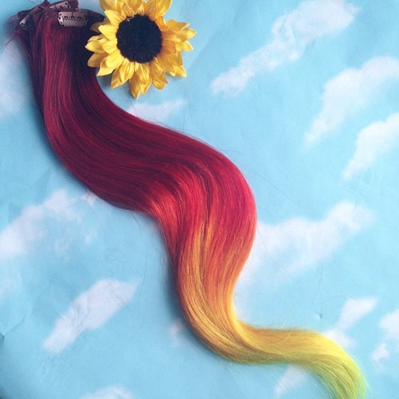 Burning Man Sun Fire Ombre Hair extensions, clip in hair extensions, hair weave, human hair, festival, sunflower hair, orange red hair image 1