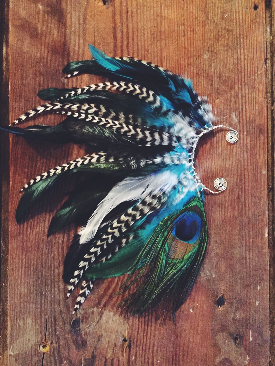 Handmade Feather Ear Cuff Peacock Feathers Grizzly Feathers Etsy